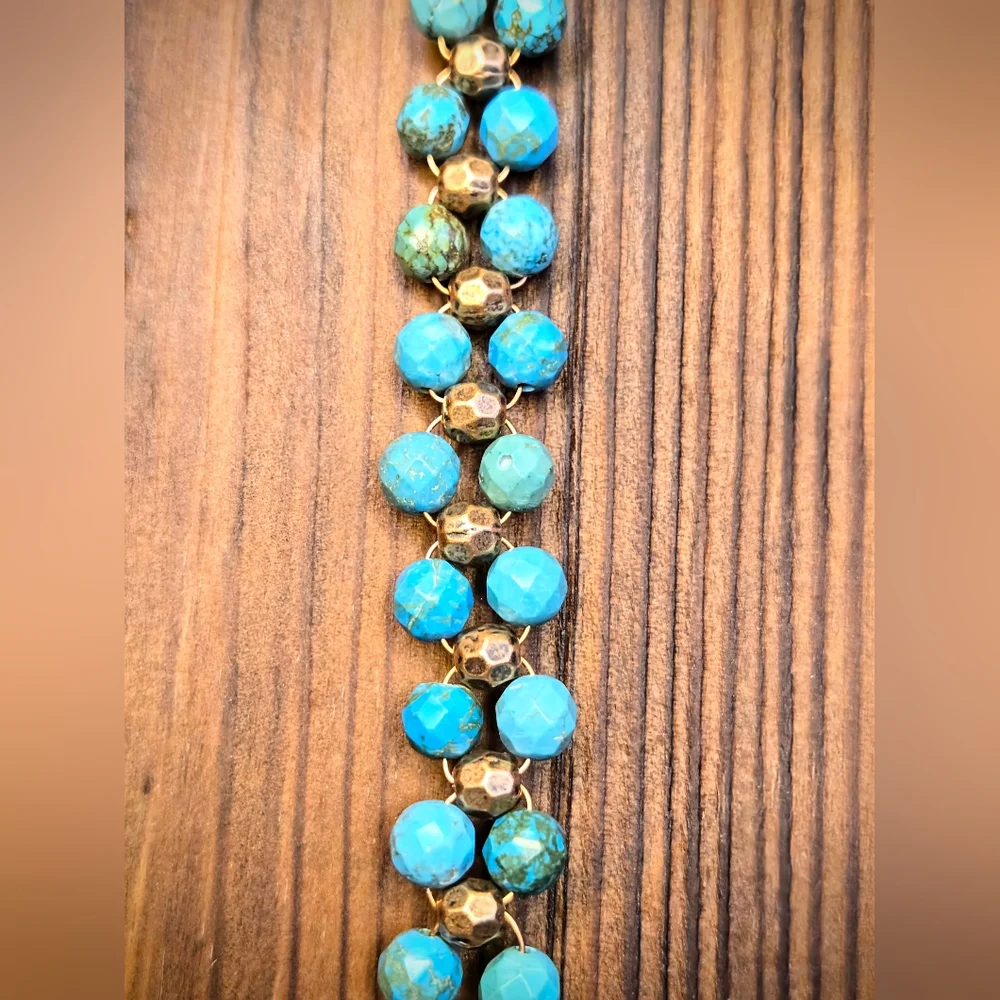 The Frontier's Genuine Faceted Turquoise In Handwoven Antique Copper Bracelet